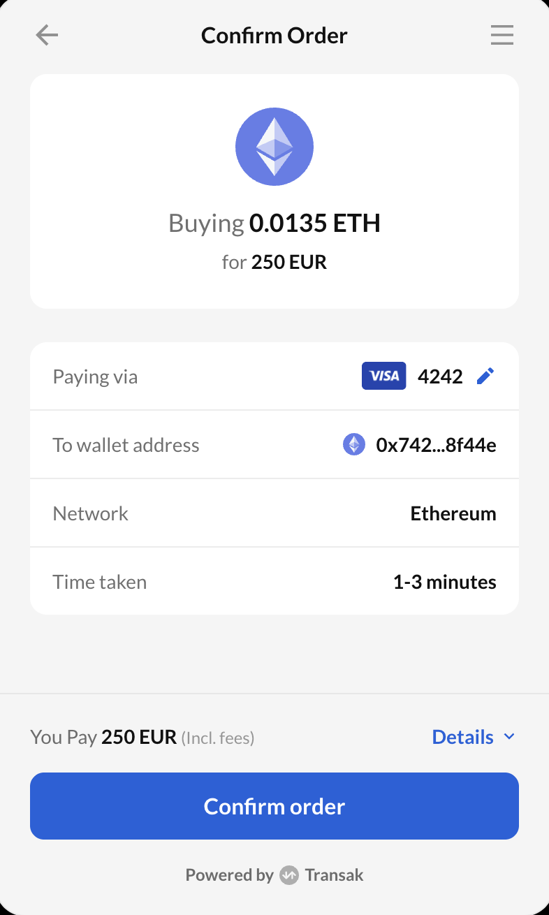 3. Confirm order screen of the real Transak checkout flow