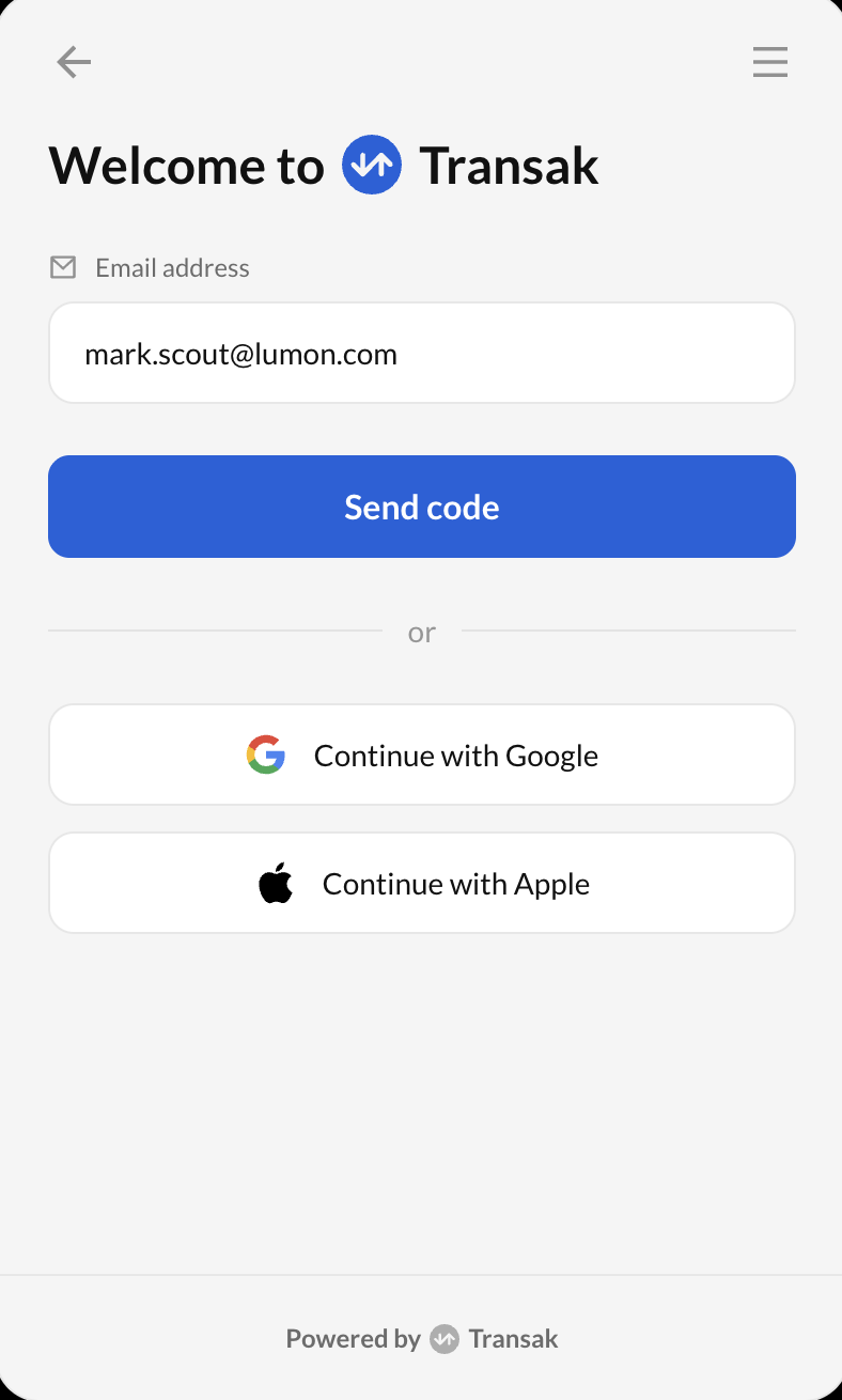 1. Sign in screen of the real Transak checkout flow