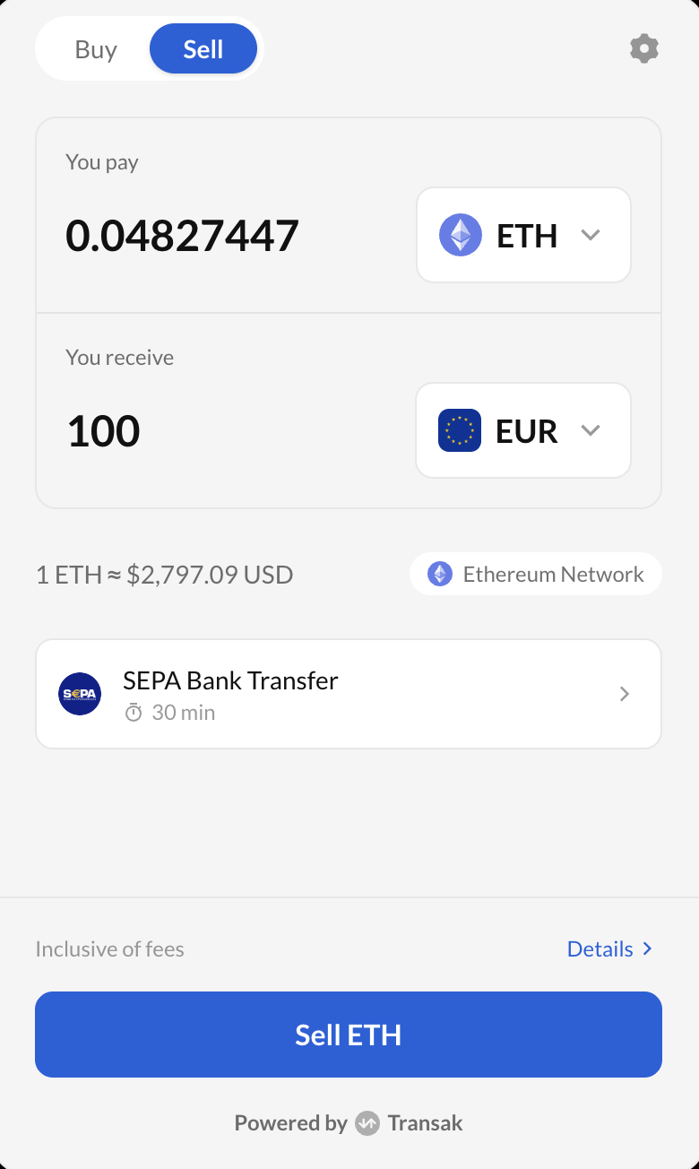 2. Sell screen of the real Transak checkout flow