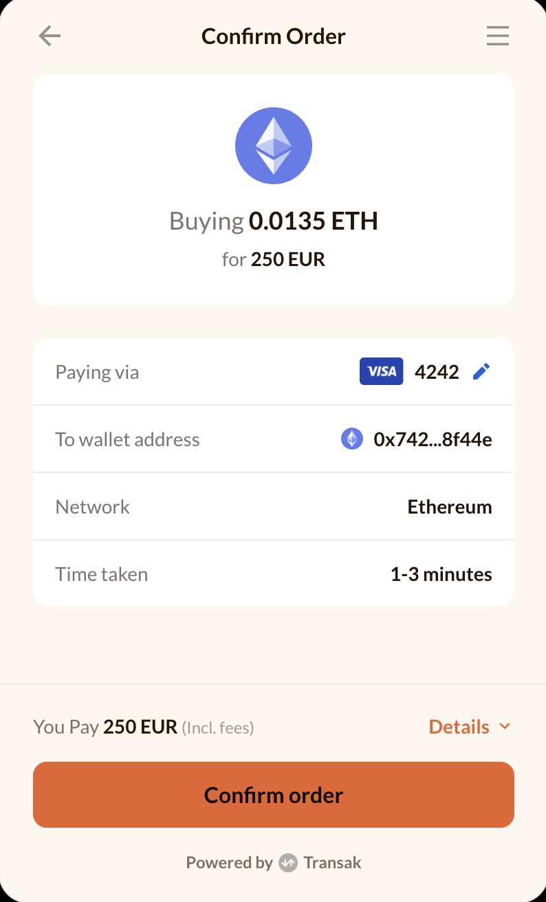 Confirm order screen shown with a custom cream and terracotta theme