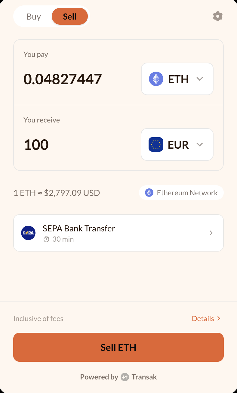 Sell screen shown with a custom cream and terracotta theme