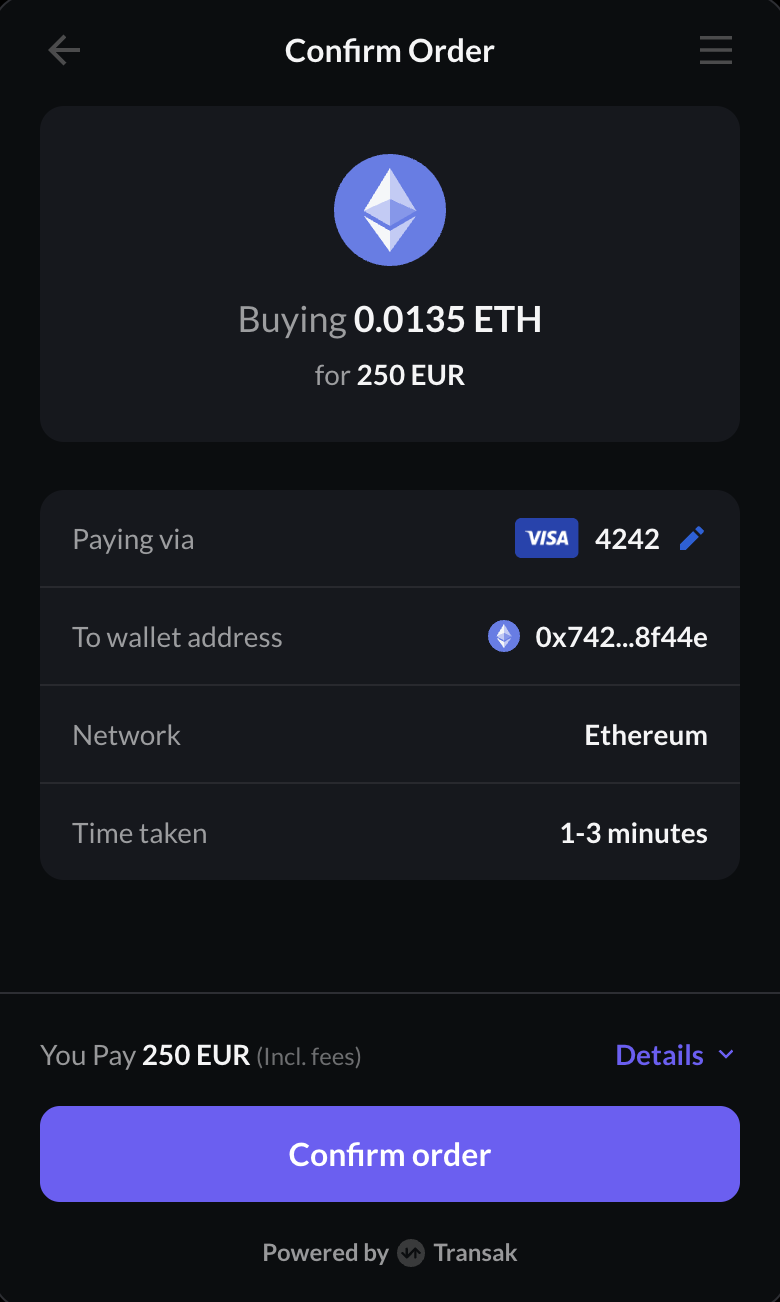 Confirm order screen shown with a custom purple dark theme